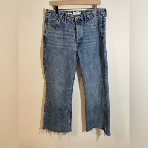 Mng Jeans Denim - MNG Mango Ariadna Wide Leg Denim Jeans Medium Wash Raw Hem Womens Size 12